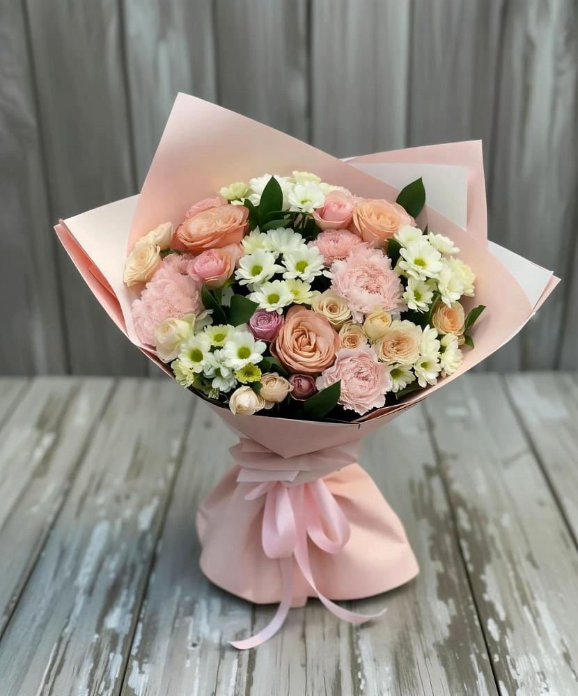 Букет цветов из: Гвоздики, Розы и Хризантемы в Зеленый