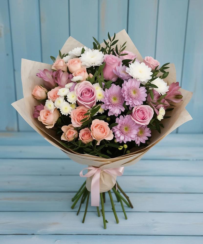 Букет цветов из: Хризантемы, Розы и Альстромерии в Зеленый