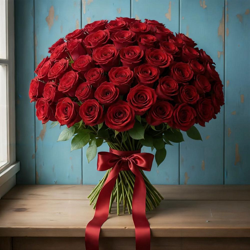 Букет Красные розы Блэк Меджик в Зеленый