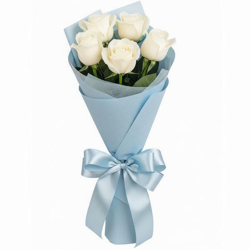 Букет 5 Белых роз Проуд в Зеленый