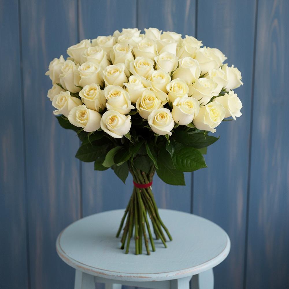 Букет 51 Белая роза Эдлесс Лав в Зеленый