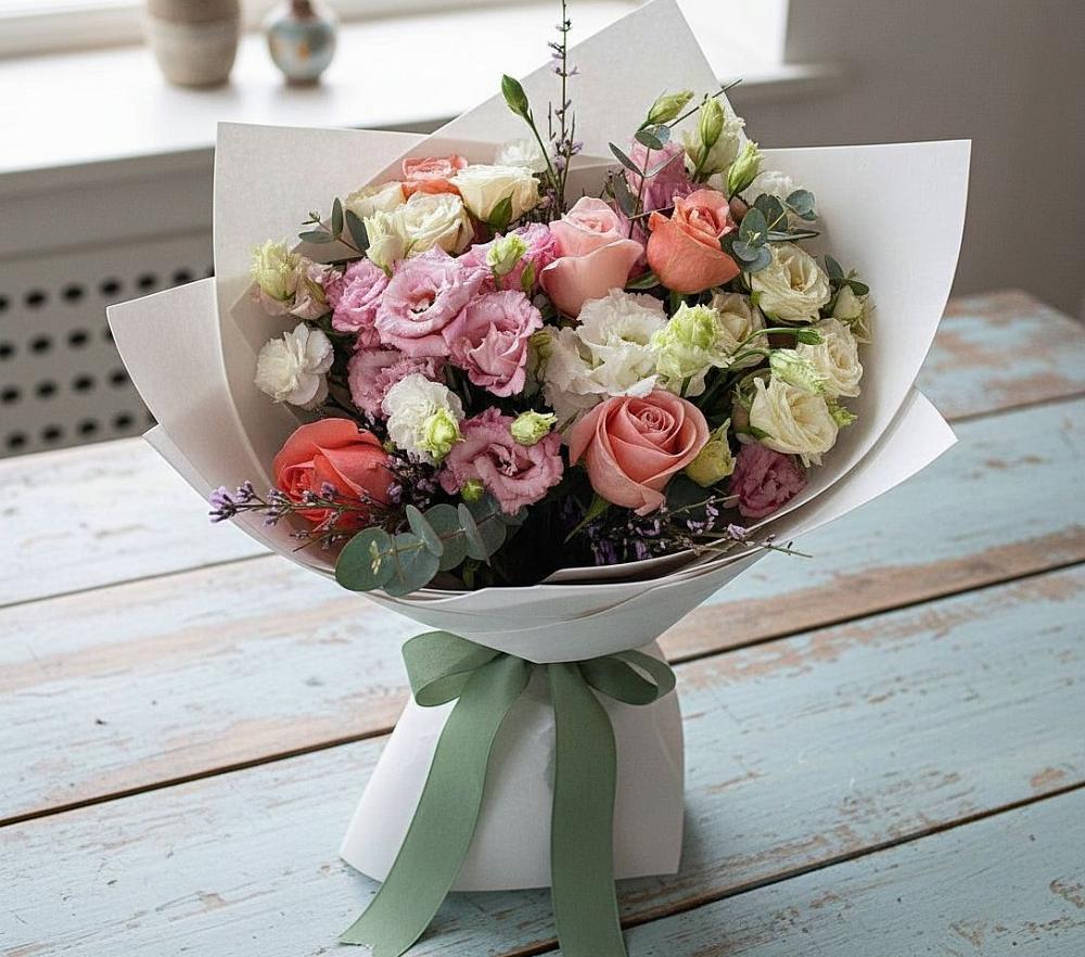 Букет цветов из: Розы, Лизиантусы и Гвоздики в Зеленый