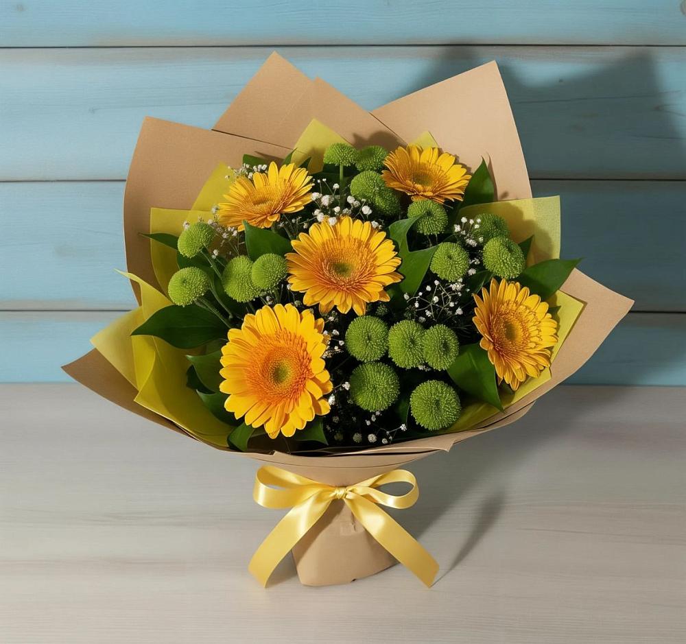 Букет цветов из: Герберы и Хризантемы в Зеленый