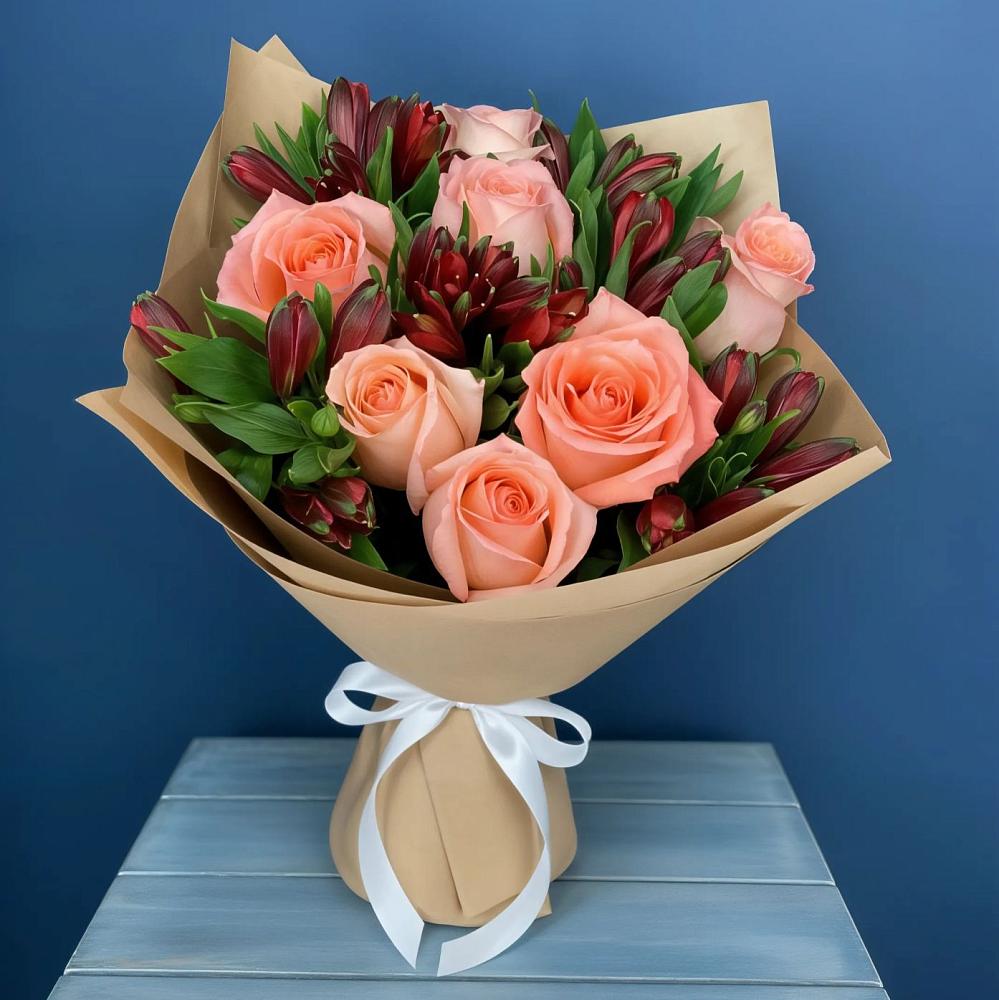 Букет цветов из: Розы и Альстромерии в Зеленый