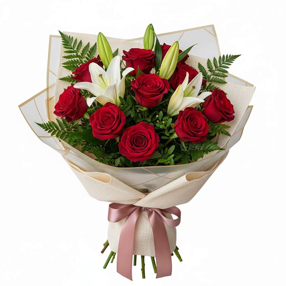 Букет цветов из: Лилии и Розы в Зеленый