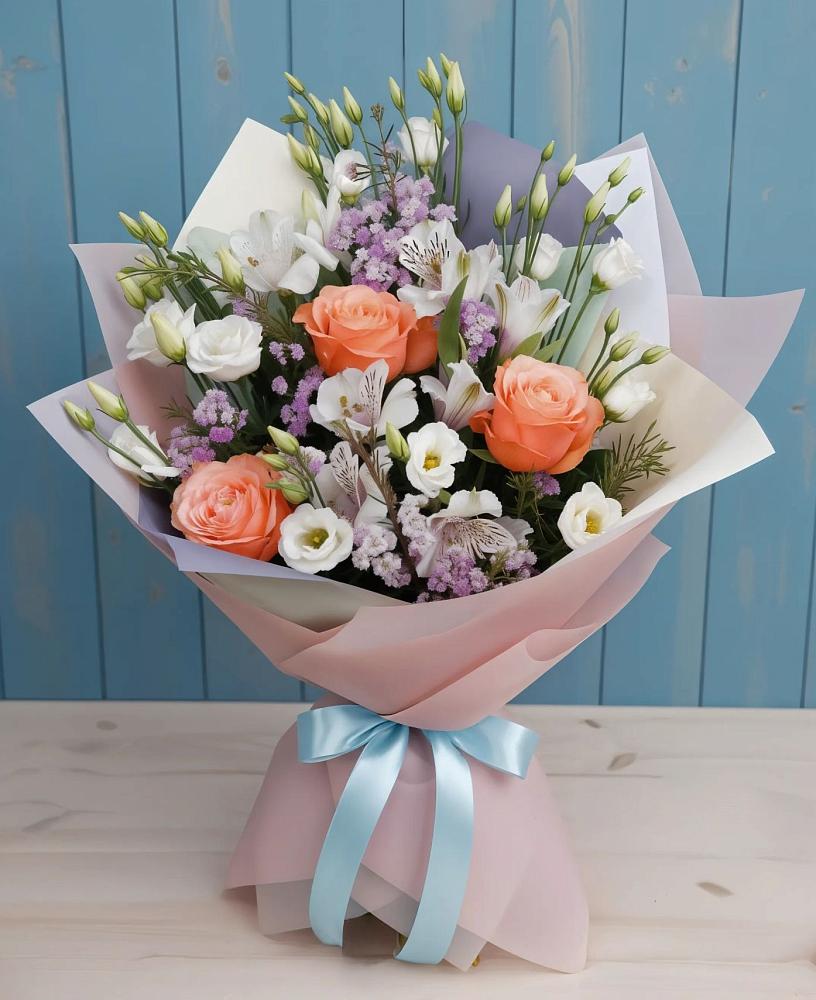 Букет цветов из: Лизиантусы, Розы, Альстромерии и Гипсофила в Зеленый