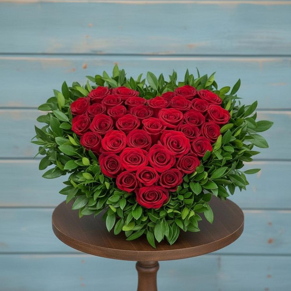 Цветочная композиция из Розы в виде сердца в Зеленый