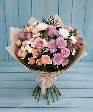 Букет цветов из:  Хризантемы, Розы и Альстромерии в Зеленый