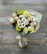 Букет цветов из:  Альстромерии, Розы и Хризантемы в Зеленый