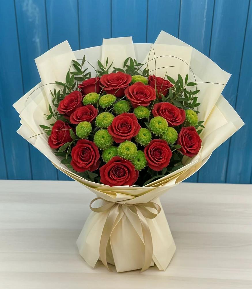 Букет цветов из: Розы и Хризантемы в Зеленый