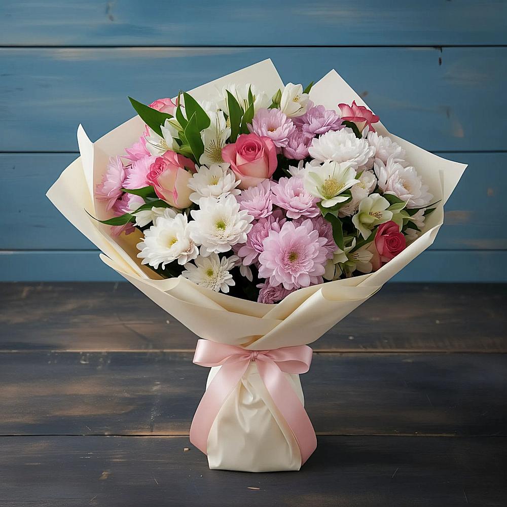 Букет цветов из: Хризантемы, Альстромерии и Розы в Зеленый